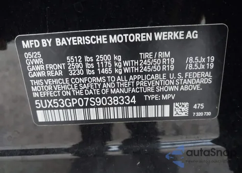 2025 BMW X3 30 xDrive z USA, uszkodzony, nr VIN 5UX53GP07S9038334